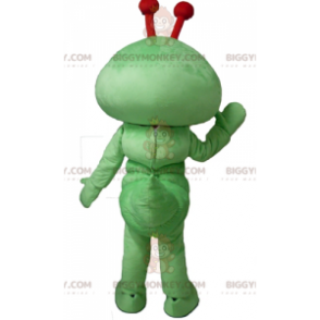 Traje de mascote de lagarta verde inseto sorridente