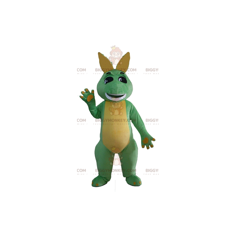 Traje de mascote de dinossauro dragão verde e amarelo