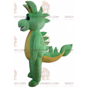 Traje de mascote de dinossauro dragão verde e amarelo