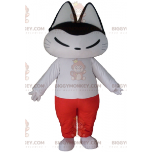 Svartvit katt BIGGYMONKEY™ maskotdräkt i vit och röd outfit -