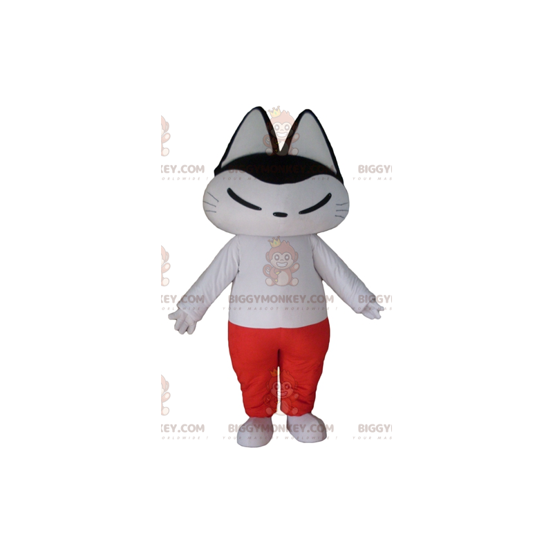 Zwart-witte kat BIGGYMONKEY™-mascottekostuum in witte en rode