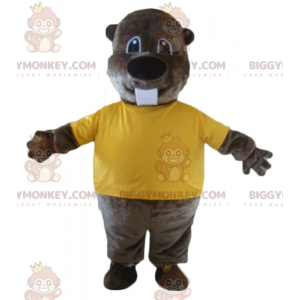 Brun bäver BIGGYMONKEY™ maskotdräkt med gul t-shirt -