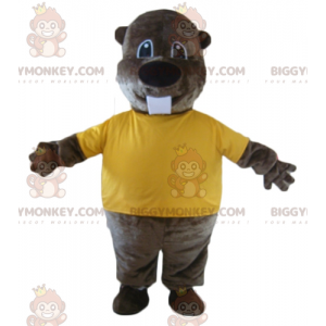 Ruskea Beaver BIGGYMONKEY™ maskottiasu keltaisella T-paidalla -