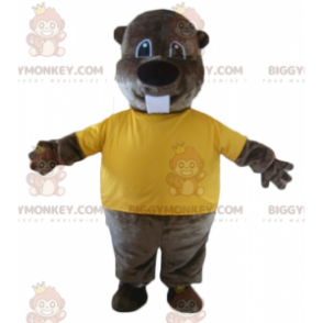 Brun bæver BIGGYMONKEY™ maskotkostume med gul T-shirt -