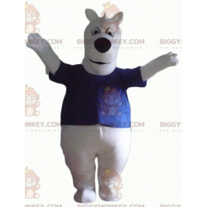 Vit hund BIGGYMONKEY™ maskotdräkt med söt fyllig blå T-shirt -