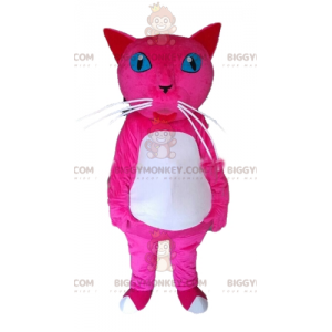 Traje de mascote de gato rosa e branco de olhos azuis