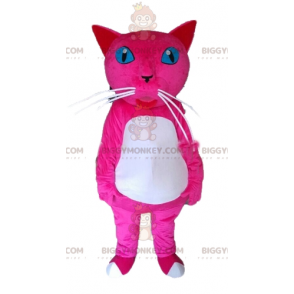 Traje de mascote de gato rosa e branco de olhos azuis