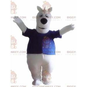 Grote witte hond BIGGYMONKEY™ mascottekostuum met blauw T-shirt