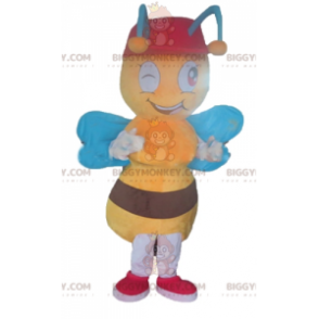 BIGGYMONKEY™ mascottekostuum gele en bruine bij met blauwe