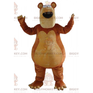Traje de mascote de urso marrom e bege muito gordo e engraçado