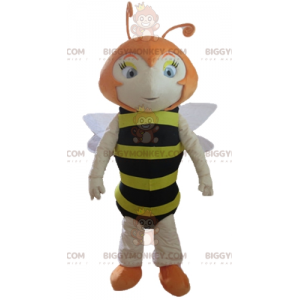Traje de mascote de abelha gengibre listrado preto e amarelo