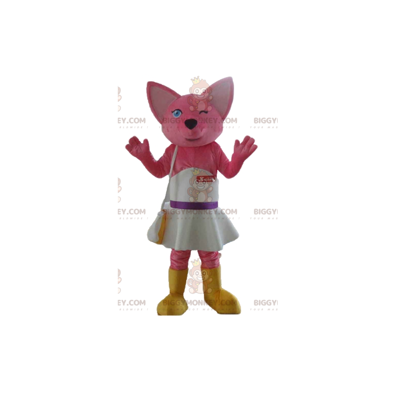 Fox Pink Cat BIGGYMONKEY™ Mascot Costume With White Dress -