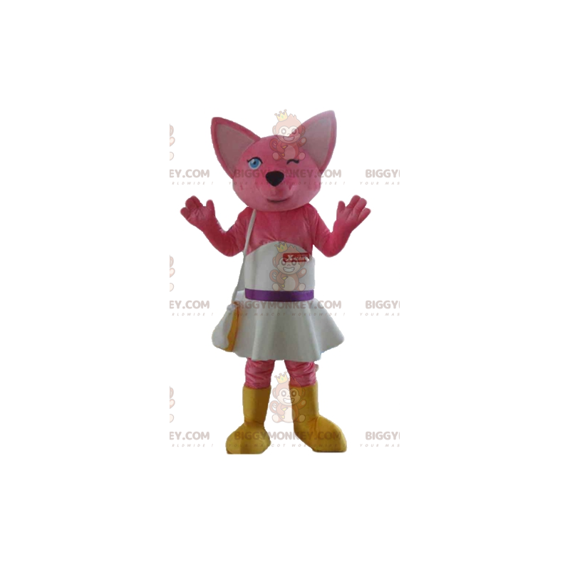 Κοστούμι μασκότ Fox Pink Cat BIGGYMONKEY™ με λευκό φόρεμα -