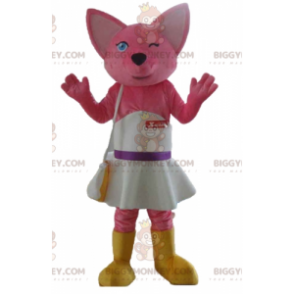 Fox Pink Cat BIGGYMONKEY™ Mascot Costume With White Dress –