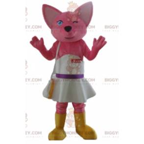 Κοστούμι μασκότ Fox Pink Cat BIGGYMONKEY™ με λευκό φόρεμα -