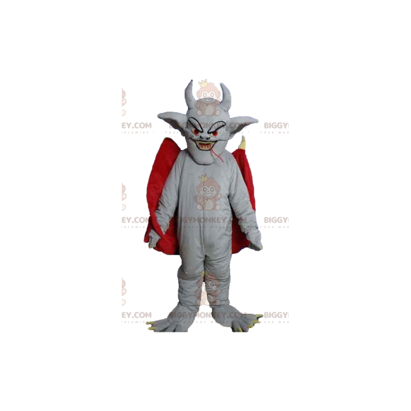 Harmaa Bat Devil BIGGYMONKEY™ maskottiasu punaisella viittalla