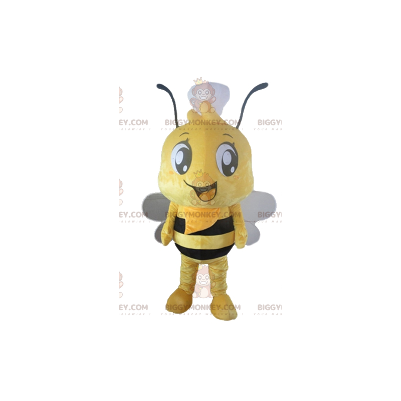 BIGGYMONKEY™ Mascot Costume of Yellow and Black Bee with Hat on
