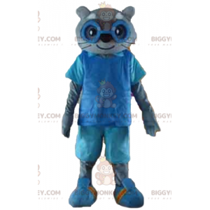 BIGGYMONKEY™ Mascottekostuum van grijze kat in blauwe outfit