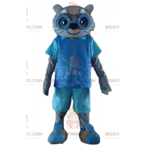 BIGGYMONKEY™ maskotdräkt av grå katt i blå outfit med glasögon