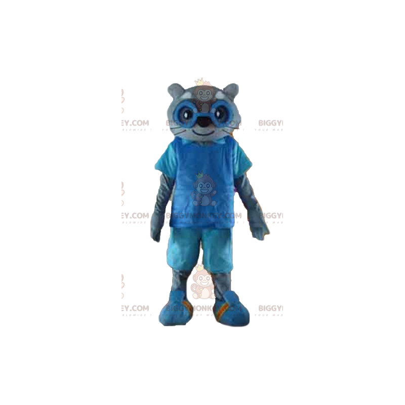 BIGGYMONKEY™ Mascot Costume of Gray Cat in Blue Outfit with