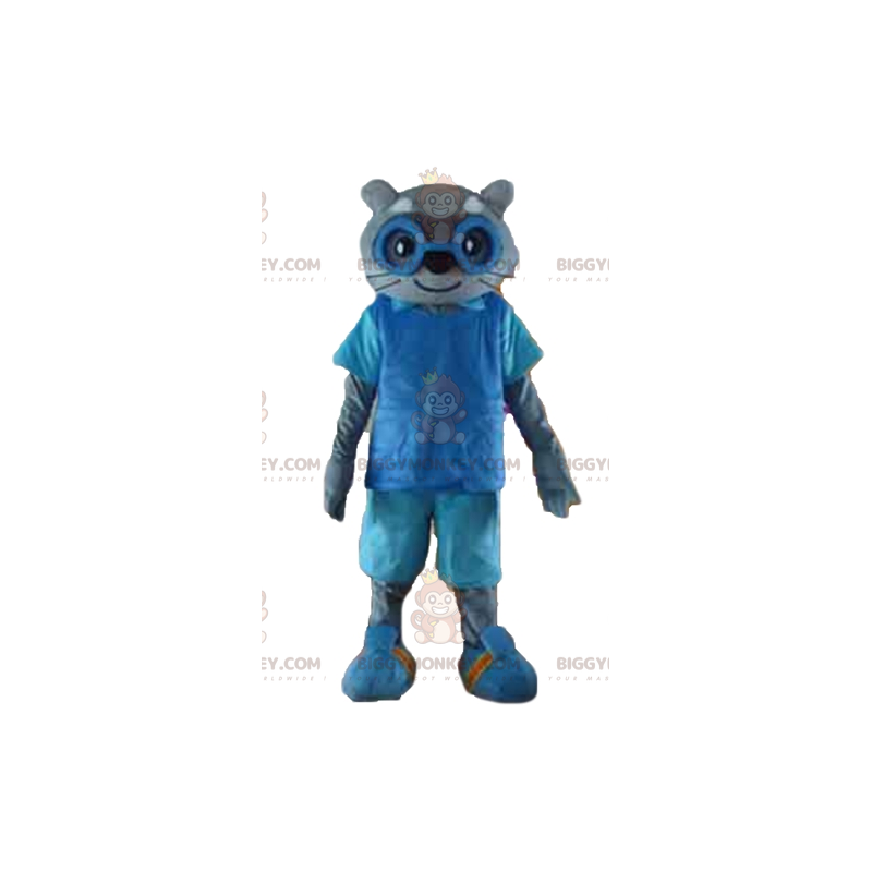 BIGGYMONKEY™ maskotti, harmaa kissa, sininen asu ja lasit -