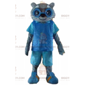 BIGGYMONKEY™ Mascot Costume of Gray Cat in Blue Outfit with