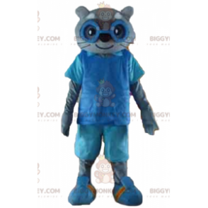 BIGGYMONKEY™ maskotkostume af grå kat i blåt outfit med briller