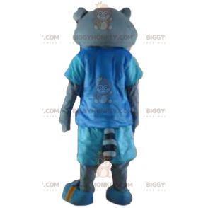 Disfraz de mascota BIGGYMONKEY™ de gato gris con traje azul y