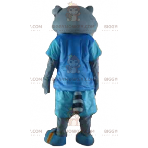 Traje de mascote BIGGYMONKEY™ de gato cinza em traje azul com