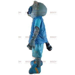 BIGGYMONKEY™ maskotdräkt av grå katt i blå outfit med glasögon