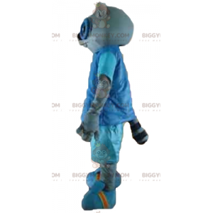 Traje de mascote BIGGYMONKEY™ de gato cinza em traje azul com