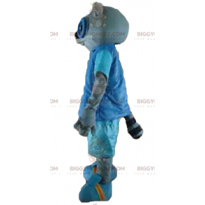 BIGGYMONKEY™ Mascot Costume of Gray Cat in Blue Outfit with