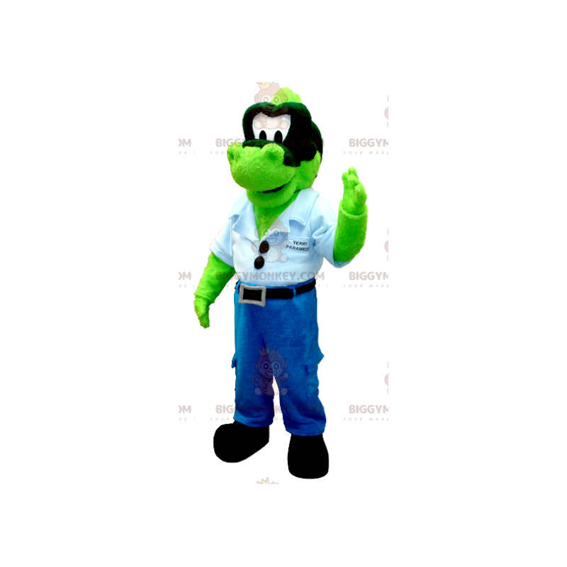 BIGGYMONKEY™ Mascot Costume Green Denim Dinosaur With Blue