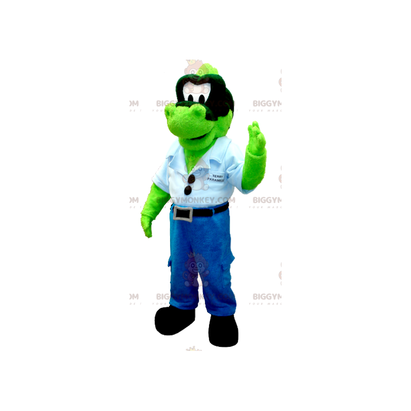 Fantasia de mascote BIGGYMONKEY™ Dinossauro jeans verde com