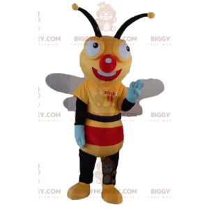Mycket leende gul svart och röd bi BIGGYMONKEY™ maskotdräkt -
