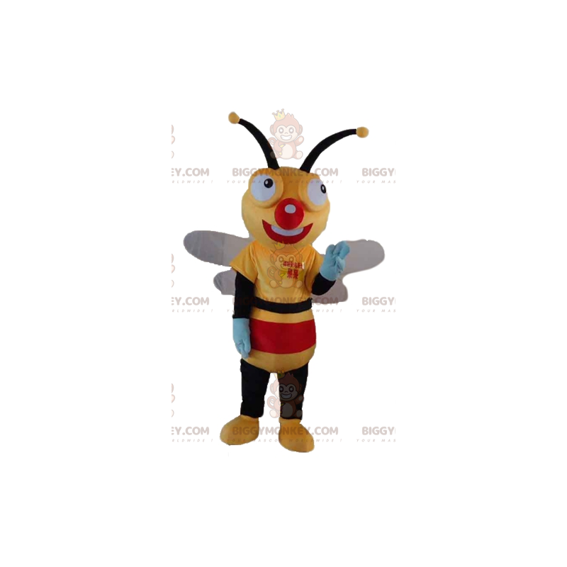 Very Smiling Yellow Black and Red Bee BIGGYMONKEY™ Mascot