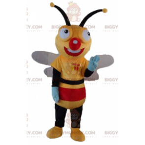 Mycket leende gul svart och röd bi BIGGYMONKEY™ maskotdräkt -