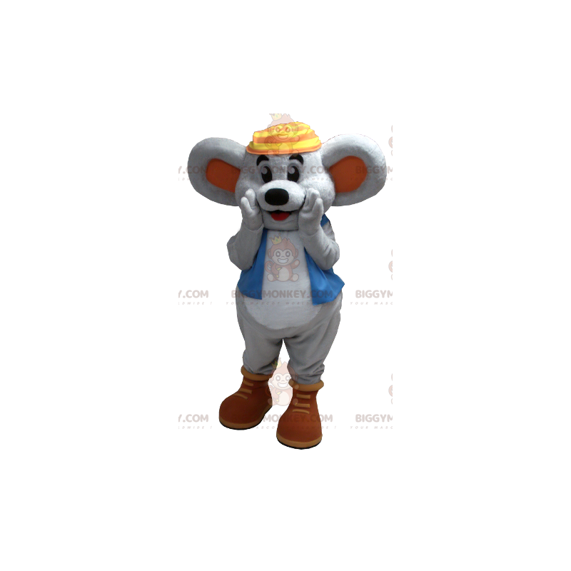 Στολή μασκότ Smiling Grey Mouse BIGGYMONKEY™ με μπλε γιλέκο -