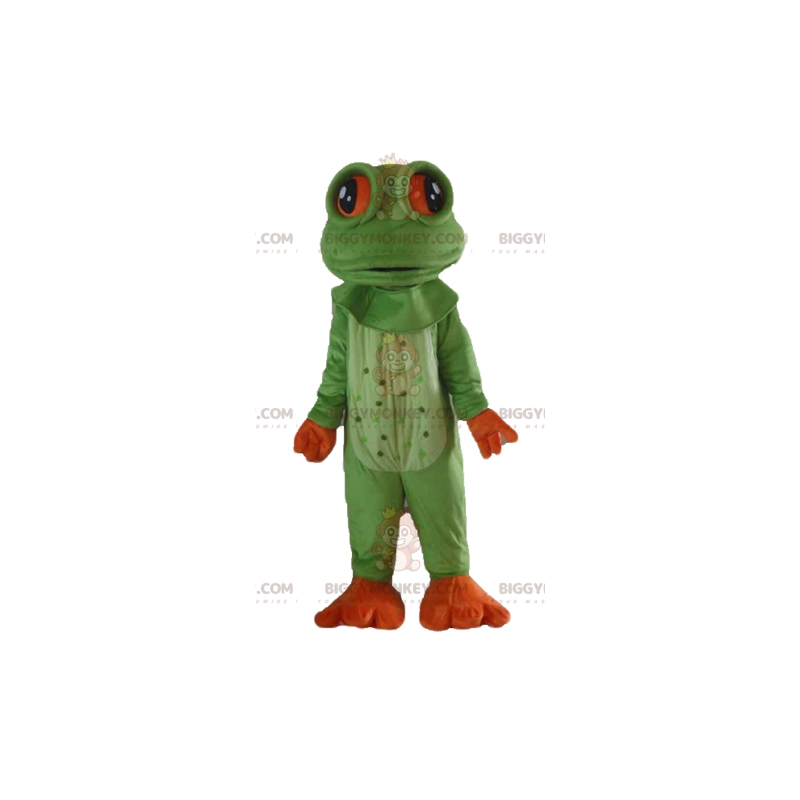 Bardzo realistyczny kostium maskotki zielono-pomarańczowej żaby