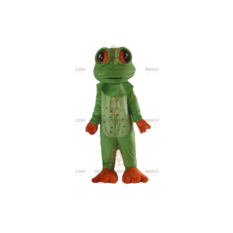 Traje de mascote de sapo verde e laranja muito realista