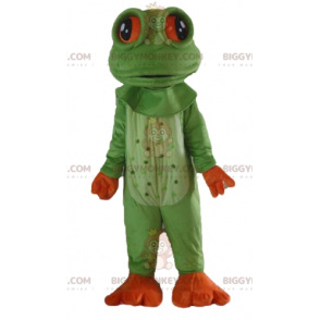 Traje de mascote de sapo verde e laranja muito realista