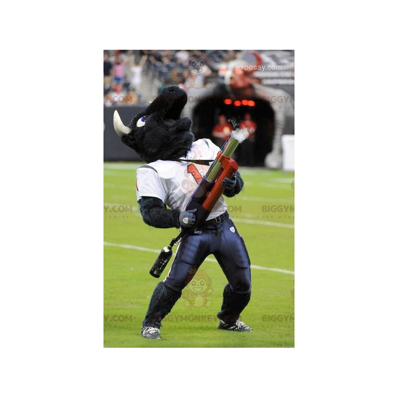 Traje de mascote BIGGYMONKEY™ Búfalo preto com roupa de futebol