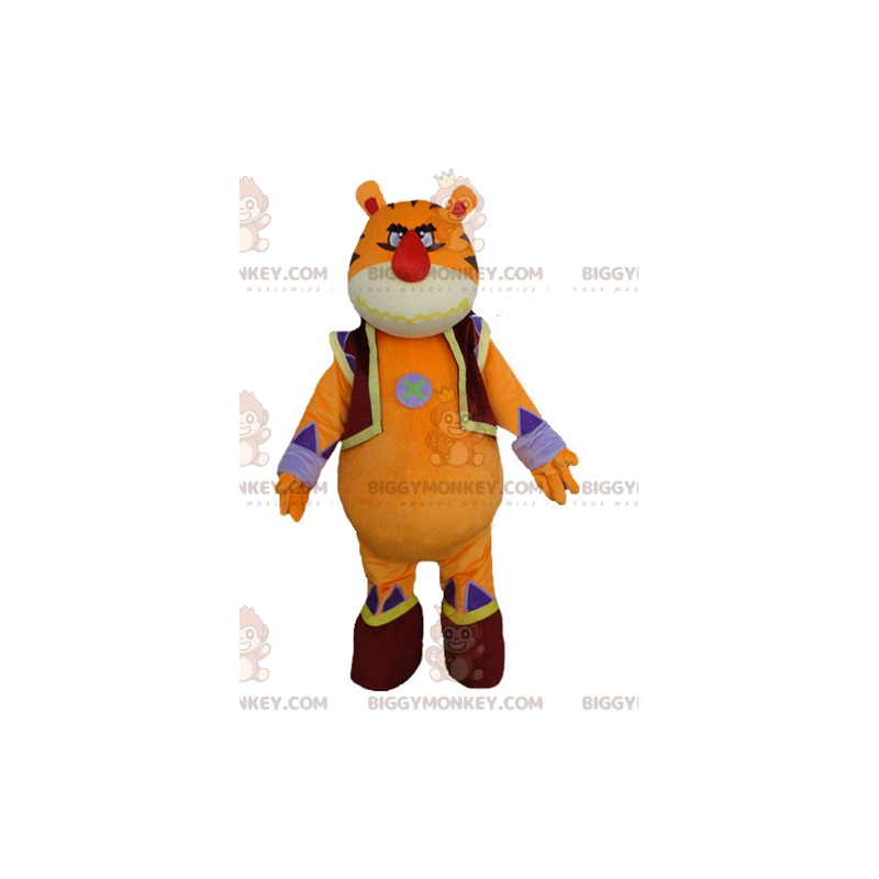 Obří a působivý kostým maskota oranžově žlutého a modrého tygra