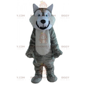 Traje de mascote de lobo branco e cinza macio e peludo