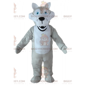 BIGGYMONKEY™ maskottiasu, harmaa ja valkoinen susi, siniset