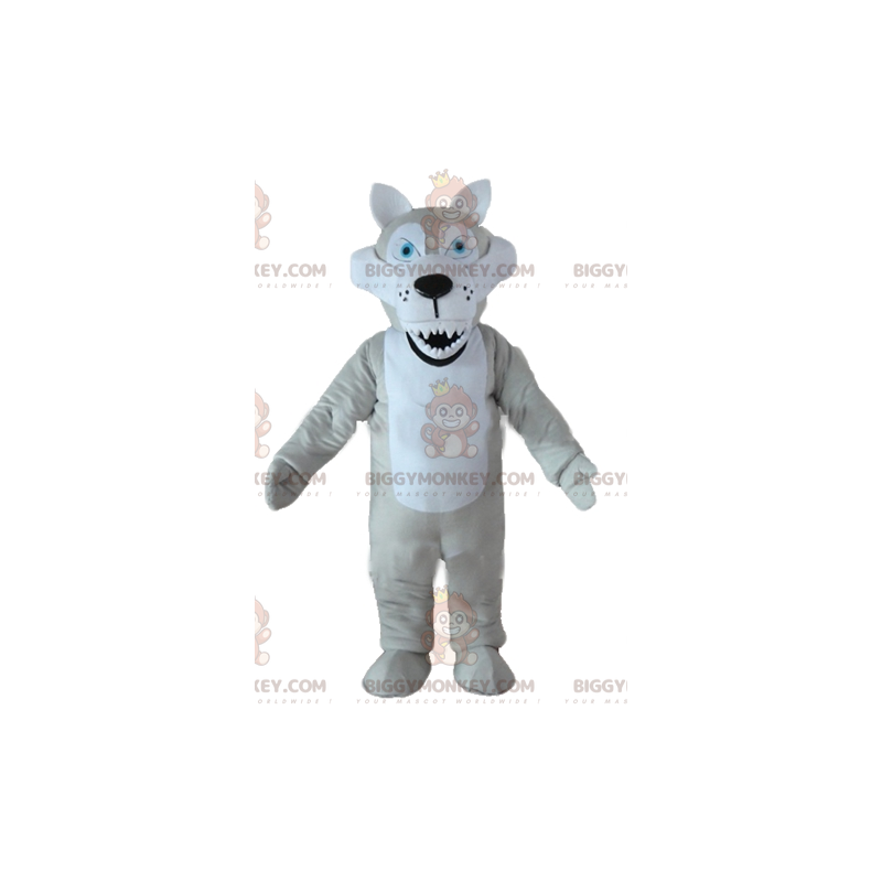 BIGGYMONKEY™ maskotdräkt grå och vit varg med blå ögon och elak