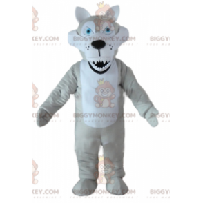 BIGGYMONKEY™ Mascottekostuum Grijze en witte wolf met blauwe