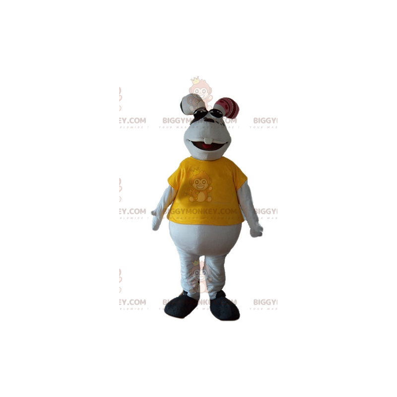 Fyllig vit kanin BIGGYMONKEY™ maskotdräkt med gul t-shirt -