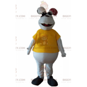 Costume de mascotte BIGGYMONKEY™ de lapin blanc et dodu avec un