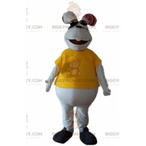 Plump hvid kanin BIGGYMONKEY™ maskotkostume med gul T-shirt -